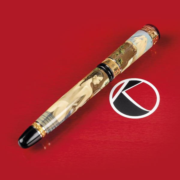 Kynsey Beauty.   Estilogr&aacute;fica realizada en t&eacute;cnica de pintura miniaturista rusa por "Natroyka. Plum&iacute;n de oro de 18 K.