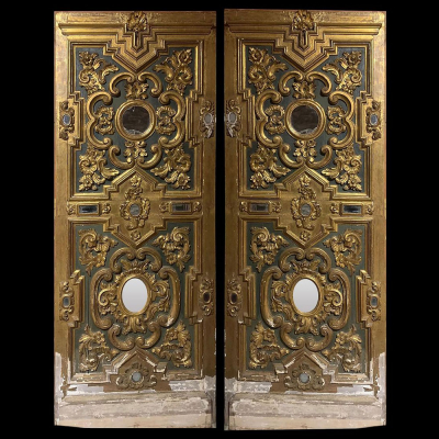Par de puertas de Palazzo Italiano monumentales, Venecia, siglo XVIII, en madera tallada, dorada y con espejos.