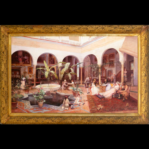 Jiménez Arand Interior de patio con personajes, escuela sevillana, siglo XIX.