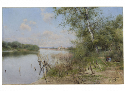 EMILIO SÁNCHEZ PERRIER (Sevilla, 1855-Granada, 1907).  El meandro de San Jerónimo.   Óleo sobre tabla. 