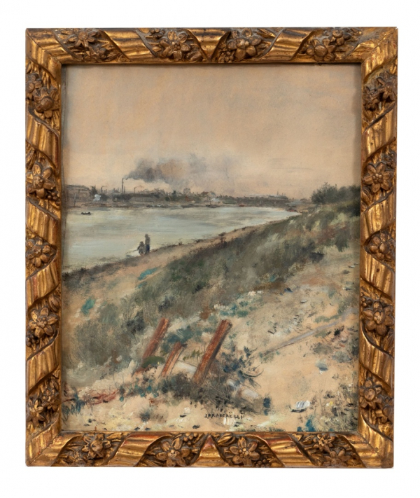 JEAN FRANCOIS RAFFAELLI (París, 1850 - 1924) "Vista de pescadores en la ría y fábrica al fondo"