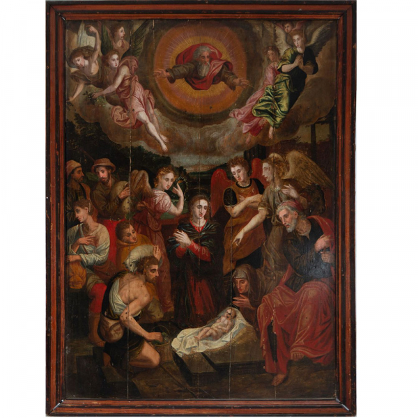 "La Adoraci&oacute;n de Pastores", escuela Hispano-flamenca del siglo XVI - XVII.   &Oacute;leo sobre tabla