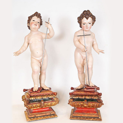 Excepcional Pareja de Niño Jesús y San Juanito en Talla, atribuidos a Juan de Mesa (1583 - 1627).