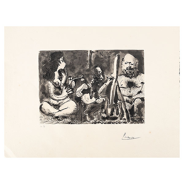 Picasso. Pablo Ruiz Picasso (Málaga, 1881-Mougins, Francia, 1973) Peintre au travail avec modele barbu at une spectatruce assise en taillur. Grabado al aguafuerte y aguatinta sobre papel Richard de Bas con marca de agua &quot;Au vent d&#039;Arles&quot;. Firmado y marcado H.C a lápiz. Realizado en 1963. Forma parte del portfolio &quot;Les Bleus de Barcelone&quot;. Bibliografía. Reproducido en el libro: &quot;Picasso. Catalogue de l&#039;oeuvre gravé et lithographie Tome I 1904-1967&quot;, por Georges Bloch. Nº 1130. Pág.: 237. Ediciones Kornfeld et Klipstein. Berna, 1984., &quot;Picasso. Peintre Graveur. Catalogue Raisonne de l`oeuvre grave et des monotypes 1959-1965 Tome 5&quot;, por Brigitte Baer y Bernhard Geiser. Nº 1127.Ediciones Kornfeld. Berna, 1989. y &quot;Pablo Picasso. Les livres illustrés&quot;, por Patrick Cramer. Nº 122. Edita Patrick Cramer. Ginebra, 2006. 42 x 55,5 cm. Sin enmarcar. Presenta leve doblez en la parte inferior izquierda.