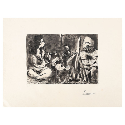 Picasso. Pablo Ruiz Picasso (Málaga, 1881-Mougins, Francia, 1973) Peintre au travail avec modele barbu at une spectatruce assise en taillur. Grabado al aguafuerte y aguatinta sobre papel Richard de Bas con marca de agua &quot;Au vent d&#039;Arles&quot;. Firmado y marcado H.C a lápiz. Realizado en 1963. Forma parte del portfolio &quot;Les Bleus de Barcelone&quot;. Bibliografía. Reproducido en el libro: &quot;Picasso. Catalogue de l&#039;oeuvre gravé et lithographie Tome I 1904-1967&quot;, por Georges Bloch. Nº 1130. Pág.: 237. Ediciones Kornfeld et Klipstein. Berna, 1984., &quot;Picasso. Peintre Graveur. Catalogue Raisonne de l`oeuvre grave et des monotypes 1959-1965 Tome 5&quot;, por Brigitte Baer y Bernhard Geiser. Nº 1127.Ediciones Kornfeld. Berna, 1989. y &quot;Pablo Picasso. Les livres illustrés&quot;, por Patrick Cramer. Nº 122. Edita Patrick Cramer. Ginebra, 2006. 42 x 55,5 cm. Sin enmarcar. Presenta leve doblez en la parte inferior izquierda.