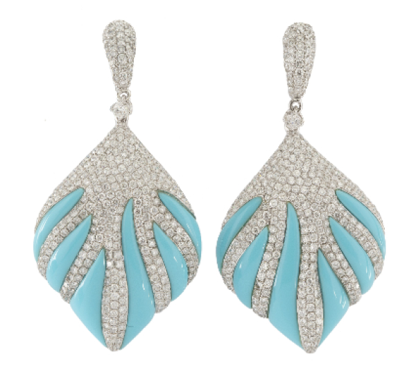 Pendientes largos con dise&ntilde;o de grandes hojas de turquesas y pav&eacute; brillantes.   
