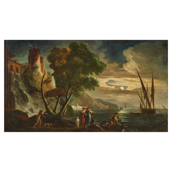 Taller de Claude Joseph Vernet (Avi&ntilde;&oacute;n, Francia, 1714-Par&iacute;s, Francia, 1789) Paisaje nocturno. &Oacute;leo sobre tela.