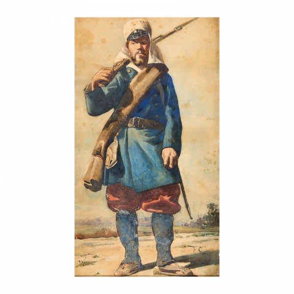 Josep Cusachs Cusachs (Montpellier, Francia, 1851-Barcelona, 1908) Soldado de infantería. Acuarela sobre papel.