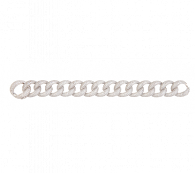 Pulsera cuajada de brillantes con diseño de quince grandes eslabones barbados convexos articulados.   En oro blanco de 18K.