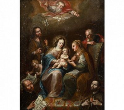 JUAN RODRÍGUEZ JUÁREZ (México, 1675 -1728) Sagrada Familia con San Joaquín y Santa Ana, San Ignacio de Loyola y San Francisco Javier