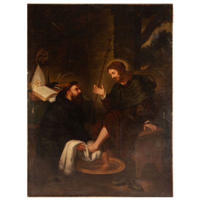 "San Agust&iacute;n lavando los pies a Jesucristo", Escuela Italiana del siglo XVII - XVIII.   