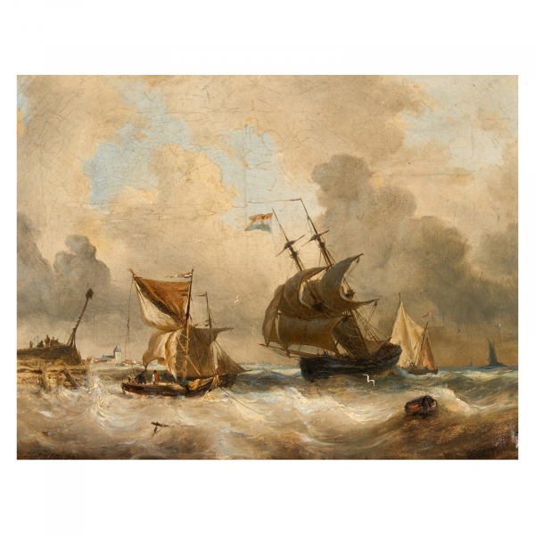 Henri Le Hon (B&eacute;lgica, 1809-1872) Escena portuaria. &Oacute;leo sobre tela. Firmado y fechado en 1845.