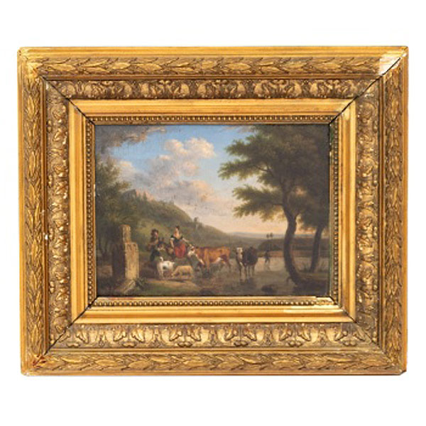 Escuela Europea  (S. XIX) "Paisaje con personajes y animales"