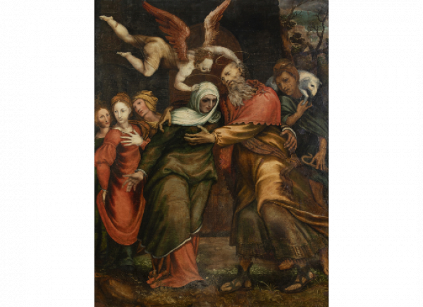 CÍRCULO DE JUAN DE VILLOLDO (Escuela española, primera mitad del siglo XVI)  Abrazo en la puerta dorada H. 1549. 