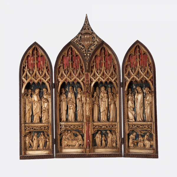 Tr&iacute;ptico en madera y hueso siguiendo modelos del G&oacute;tico Flamenco, obra de Francisco Pall&aacute;s y Puig.