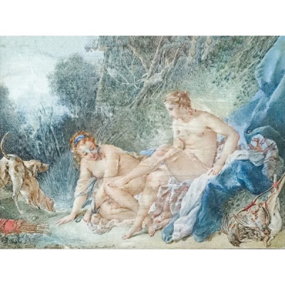 Mathilde Curot-Barberel (Francia, s.XIX)  Diana saliendo del ba&ntilde;o. Miniatura pintada al gouache sobre placa en hueso. Firmada 
