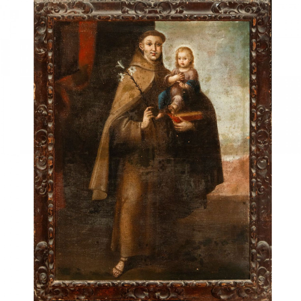 &quot;San Antonio de Padua con el Niño&quot; Atribuido a Diego Quispe Tito. Escuela colonial. Siglo XVII.    Óleo sobre lienzo.