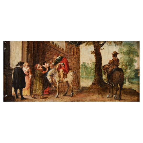 Atribuido a Sebastian Vranck (Amberes, Bélgica, 1573-1647) Caballeros a la puerta de un castillo.