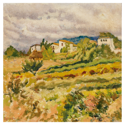 Nicolau Raurich Petre (Barcelona, 1871-1945) Visi&oacute;n de pueblo. &Oacute;leo sobre tela.