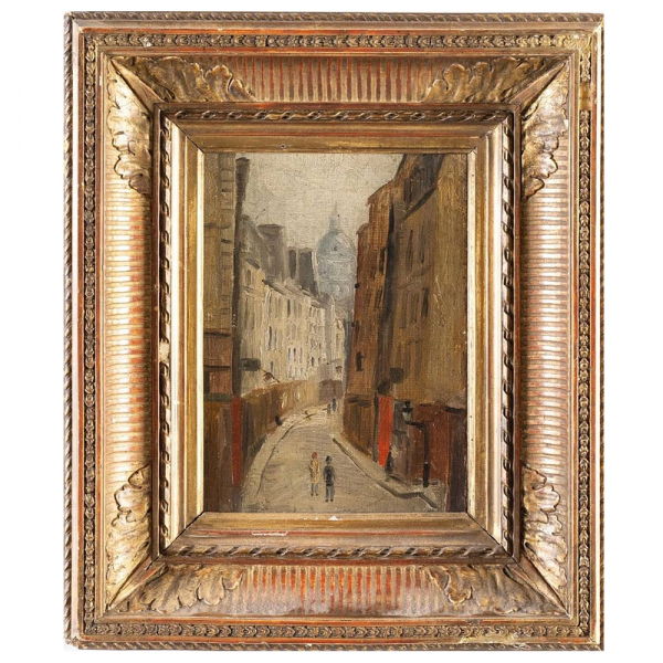 Atribuido a Maurice Utrillo (París, 1883 - Dax, Francia, 1955) Vista de Montmartre, “Rue Saint-Rustique”.   Óleo sobre cartón.