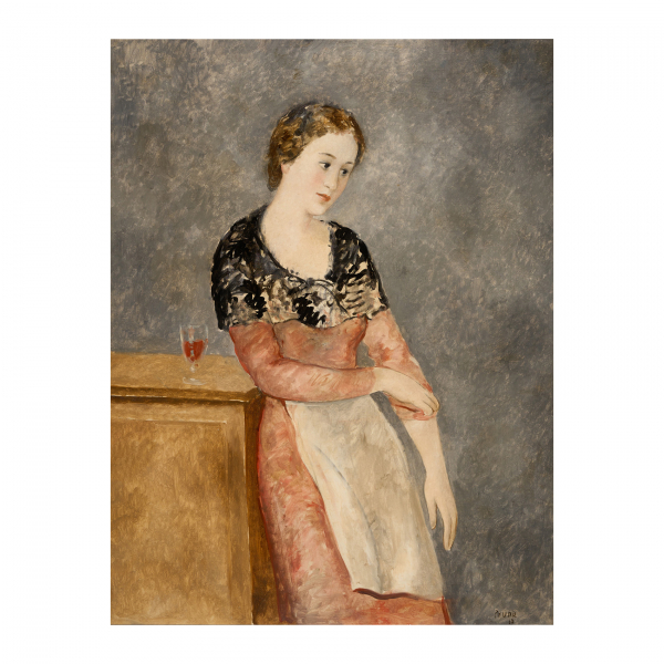 Pere Pruna Ocerans (Barcelona, 1904-1977).  Joven con copa de vino.  Óleo sobre tela. Firmado y fechado en 1953. 