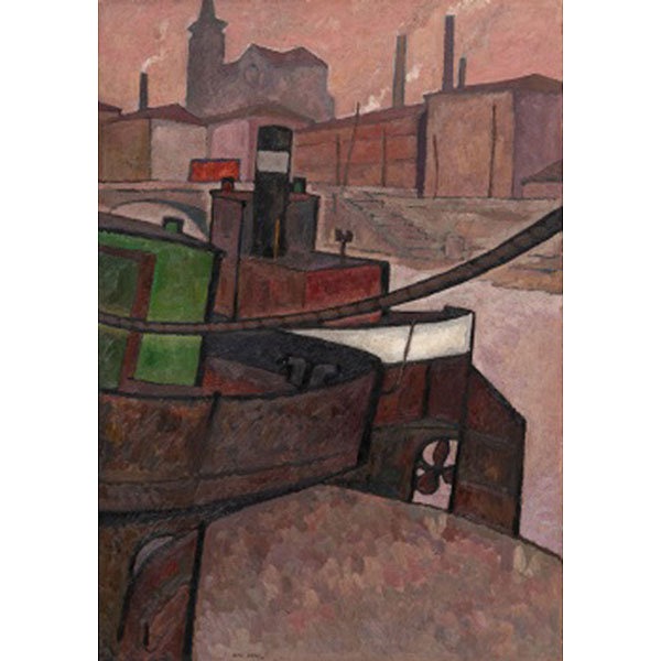 RAFAEL ORTIZ ALFAU (Bilbao 1935 - 2003) "Barco atracado en la ría " Firmado: Ortiz Alfau 75 Óleo / Tabla