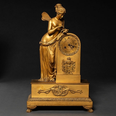 &quot;Psyche&quot; Reloj de sobremesa francés época Imperio en bronce dorado al mercurio. Trabajo Francés, h. 1830-40 