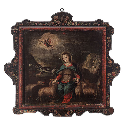 Escuela Novohispana, México, s.XVII-XVIII.  Divina Pastora.  Óleo sobre lienzo.