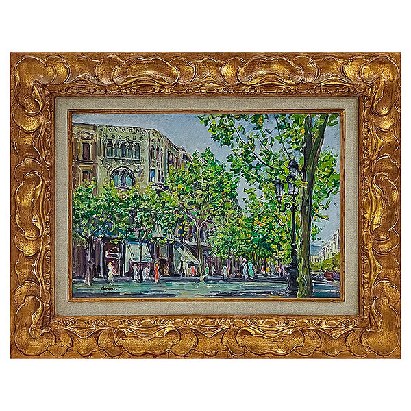 Josep Amat (Barcelona, 1901-1991)  Casa Lleó Morera. Paseo de Gracia.  Óleo sobre lienzo. Firmado. 