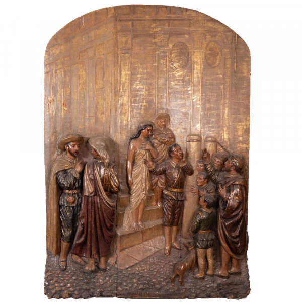 Relieve en Madera Policromada representando la venta de una Esclava a las puertas de la Catedral de Sevilla, escuela sevillana del siglo XVIII.