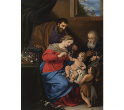 FRANCISCO BARRERA (Madrid, c.1595-1658)  Sagrada Familia con San Juanito y San Egido en un interior con cesta de flores 