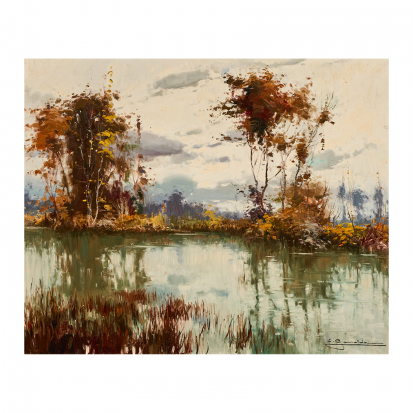 Elías Garralda Alsugaray (Lesaka, Navarra, 1926-Olot, Girona, 2012) Meandros de Aranjuez. Óleo sobre tela.