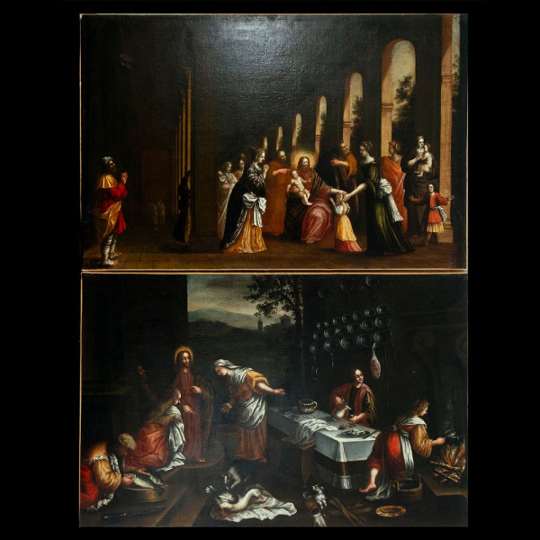 Escuela Flamenca del siglo XVII - Pareja de escenas bíblicas.   Óleo sobre lienzo. 