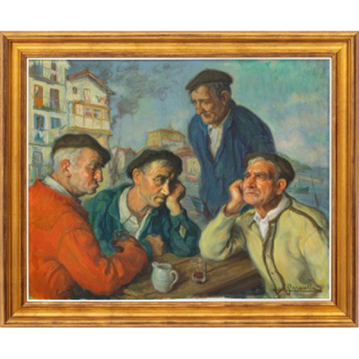 ÁNGEL GARAVILLA ACHABAL  (Lequeitio 1906 - Barcelona 1961) &quot;Aldeanos en el puerto de Castro&quot;  Óleo / Lienzo