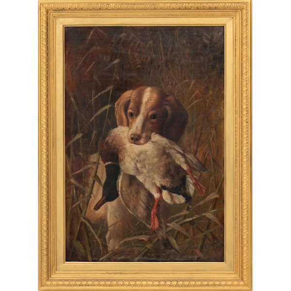 FEDERICO JIMENEZ FERNANDEZ   (Madrid 1841- Huesca 1931)  "Perro cobrando pato"  Firmado: F. Jimenez  &Oacute;leo / Lienzo 