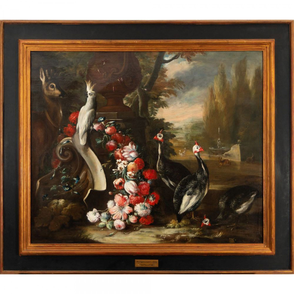 Gran pareja de Bodegones con Flores y Aves en un Jardín, escuela Napolitana del siglo XVIII, círculo de Baldassare da Baldassarre De Caro (Naples, 1689- 1750).