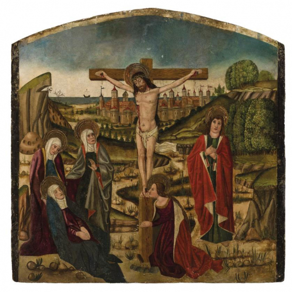 Círculo de Juan de la Abadría el Viejo.   "Calvario". Óleo sobre tabla. Restauraciones.