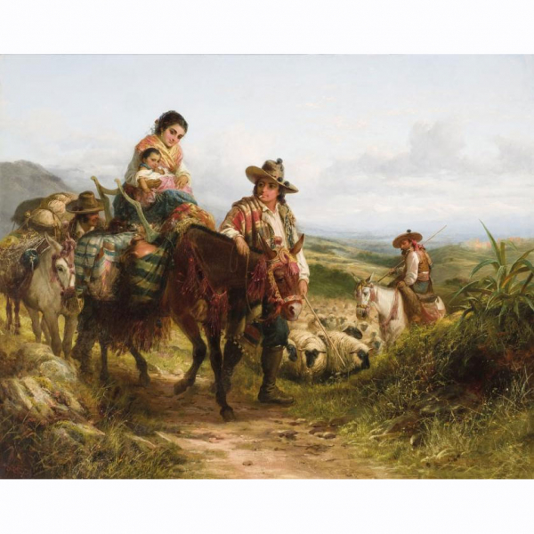 Robert Kemm. "Familia de pastores con La Alhambra y Sierra Nevada al fondo". Óleo sobre lienzo.