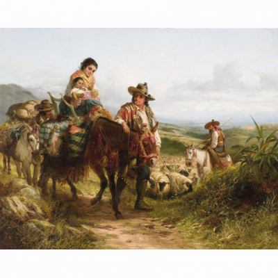 Robert Kemm. &quot;Familia de pastores con La Alhambra y Sierra Nevada al fondo&quot;. Óleo sobre lienzo.