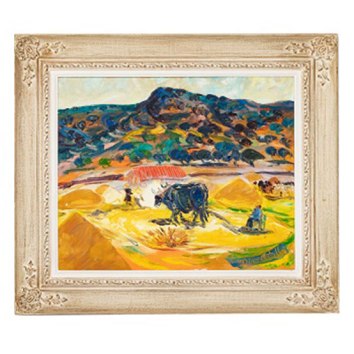 LUCIANO DÍAZ CASTILLA  (Soto de Piedrahita, Ávila 1940) &quot;Campesinos y bueyes arando en la tierra&quot;
