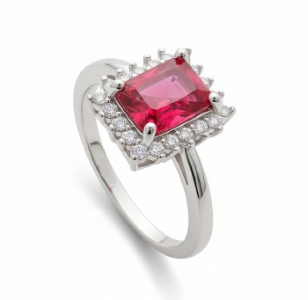 Sortija en plata con ra&iacute;z de rubi central y orla de zafiros blancos. N&ordm; anillero: 13,5.