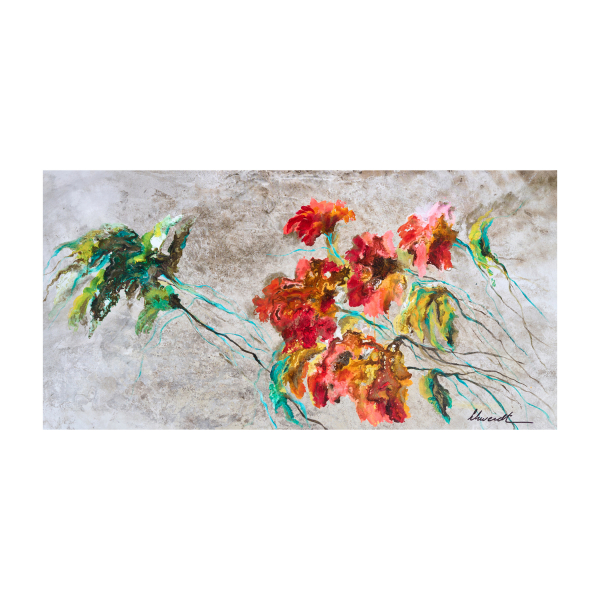 Elba Schwerdt (Bah&iacute;a Blanca, Argentina, 1956) Composici&oacute;n floral. T&eacute;cnica mixta sobre tela. Firmado.