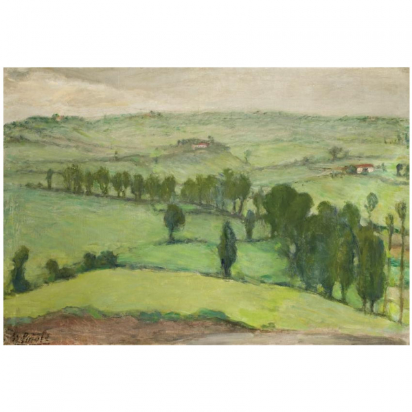 Nicanor Piñole Rodríguez. "Paisaje asturiano". Óleo sobre lienzo. Firmado en el ángulo inferior izquierdo.