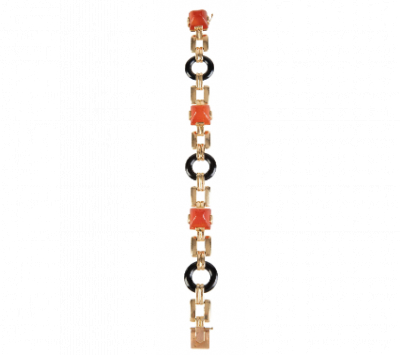 Pulsera Art-Deó JANESICH con diseño geométrico de oro y aros de ónix.
