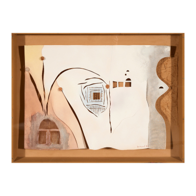 Josep Guinovart (Barcelona, 1927-2007)  Composición con ventanas.  Técnica mixta texturizada sobre papel y tabla. 