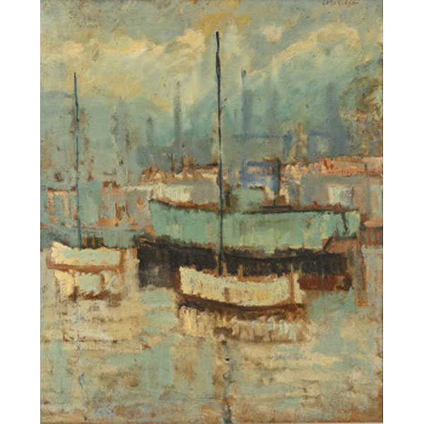 JUAN RAMÓN LUZURIAGA  (Bilbao 1938) &quot;Barcos atracados en la ría&quot;