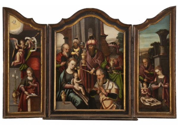TALLER DEL MAESTRO DEL HIJO PRÓDIGO (siglo XVI) Tríptico; Adoración de los Reyes Magos y tablas laterales Anuciación y Nacimiento del Niño