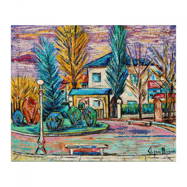 Joan Clapera Mayà (Olot, Girona, 1929-2018) Parque urbano. Óleo sobre tela.