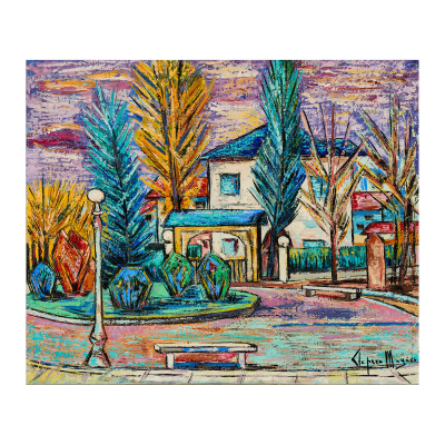 Joan Clapera Mayà (Olot, Girona, 1929-2018) Parque urbano. Óleo sobre tela.