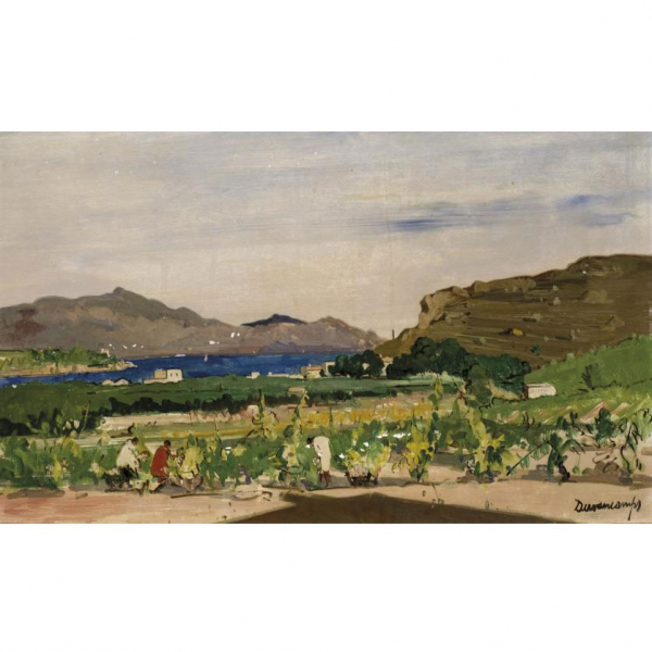Rafael Durancaps.   &quot;Vendimia&quot;. Óleo sobre tabla. Firmado en el ángulo inferior derecho.